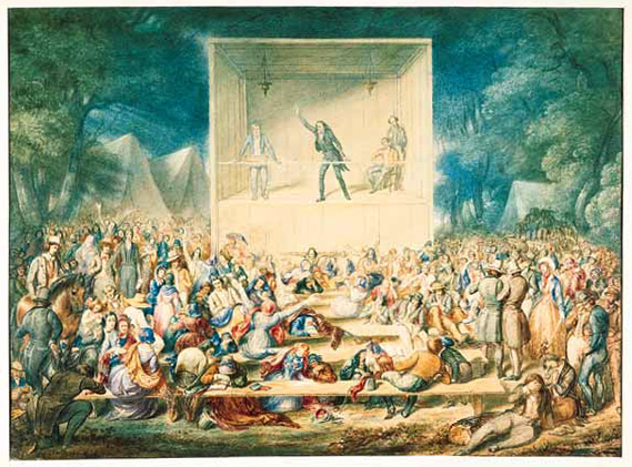 An artist's rendering of a Methodist camp meeting (religious revival) during the Second Great Awakening. [IMAGE: Watercolor by J. Maze Burbank, c. 1839. Old Dartmouth Historical Society-New Bedford Whaling Museum, New Bedford, Massachusetts.]