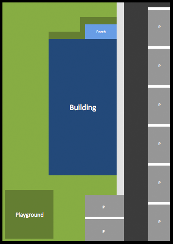 This gives us 2 parking spaces per unit, a porch for one of the 3 units, and a playground area for the kids.