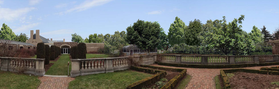 View of proposed development as would be seen from the Eastman House gardens in summer with foliage.