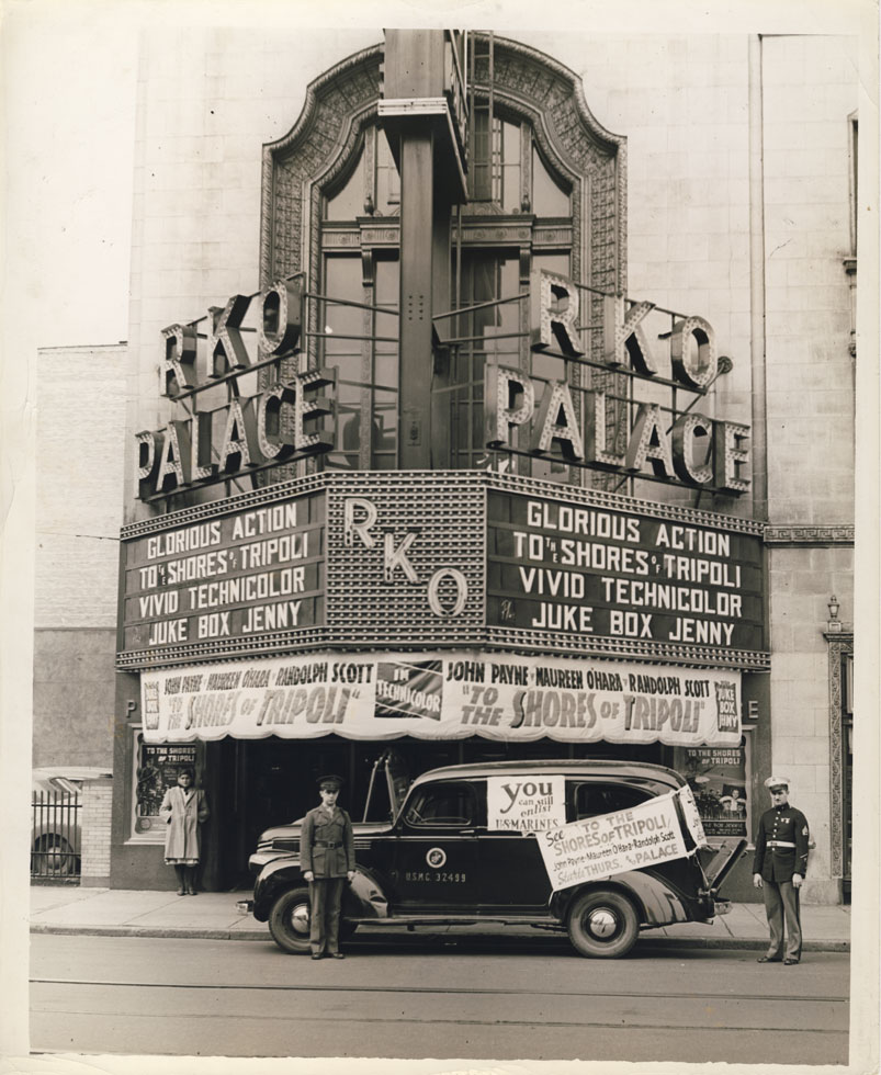 Rochester's RKO Palace Theater during WWII. Main entrance on Clinton Ave. 1942. [PHOTO: D.O. Schultz / Rochester Theater Organ Society]
