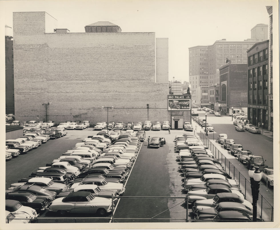 Looking east at rear wall of the RKO Palace Theater's auditorium. Mortimer Street on right. 1953. [PHOTO: D.O. Schultz / Rochester Theater Organ Society]