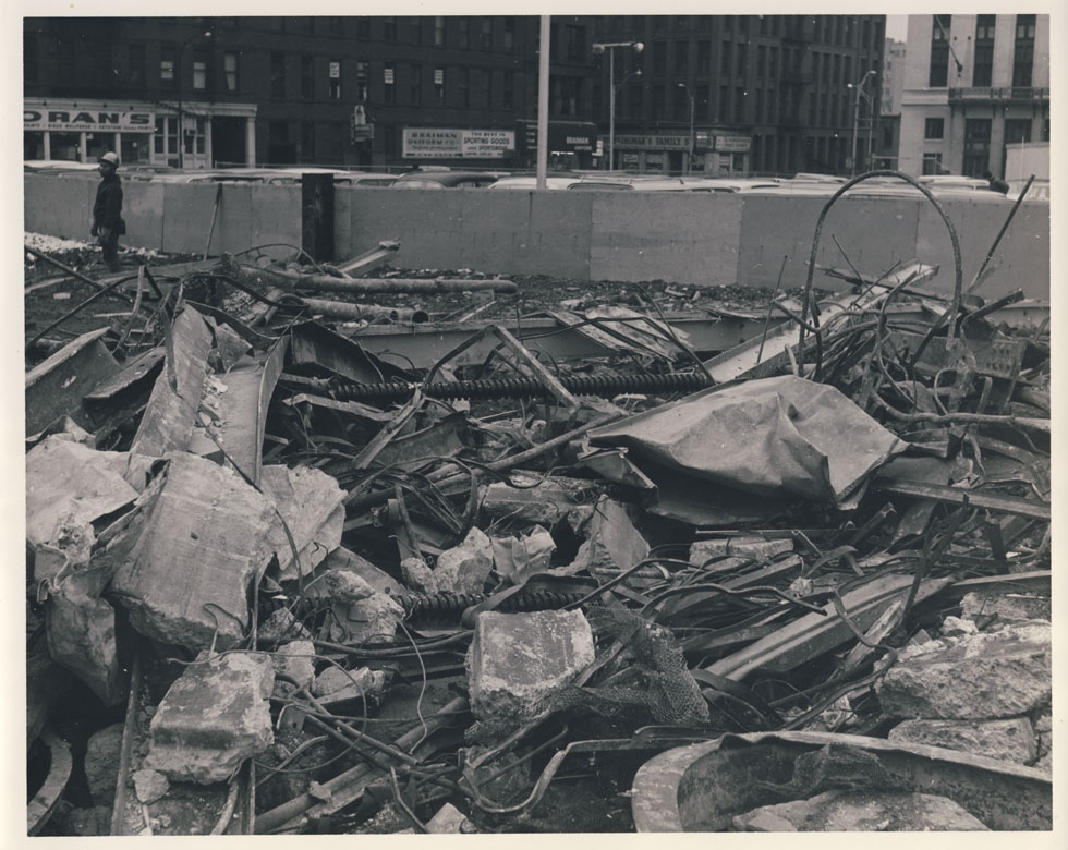 Rubble where the stage was. Looking west toward Saint Paul Street. [PHOTO: D.O. Schultz / Rochester Theater Organ Society]