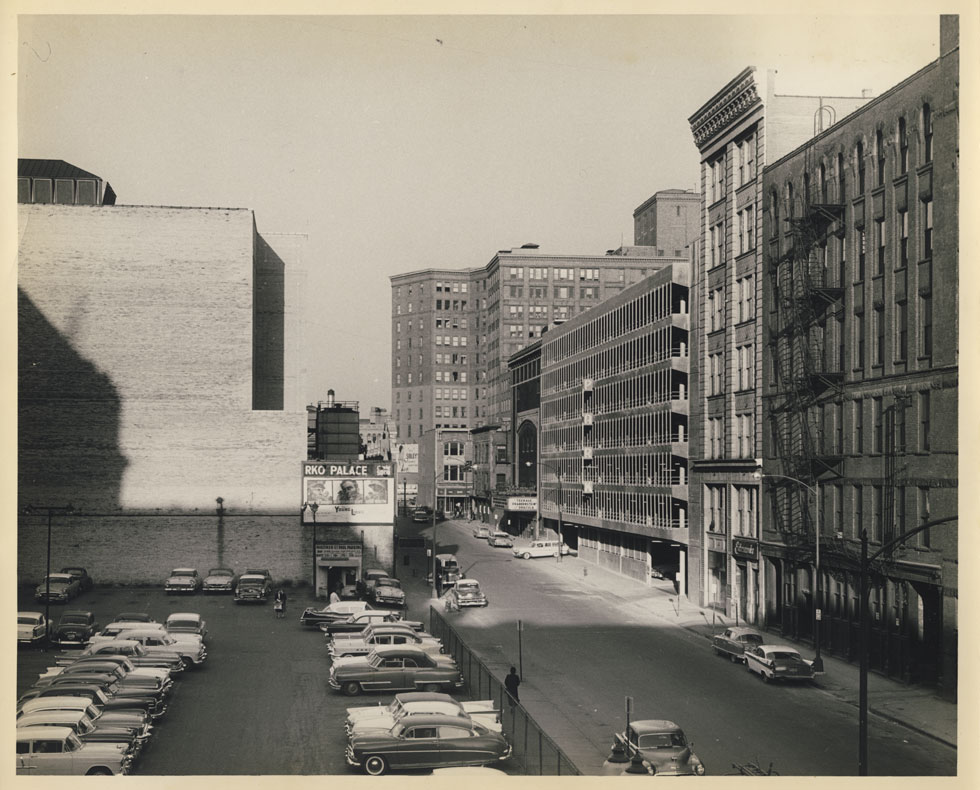 Looking east at rear wall of the RKO Palace Theater's auditorium. Mortimer Street on right. 1957-58. [PHOTO: D.O. Schultz / Rochester Theater Organ Society]