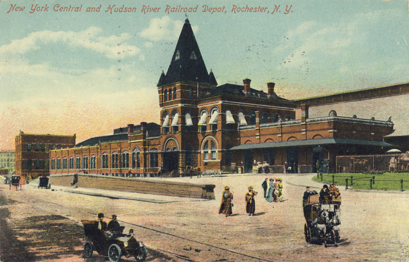 Rochester's second NY Central Railroad Depot. It was the first to occupy the site of the current Amtrak Station between St. Paul and Clinton Avenue (view is looking west from Clinton, 1907).