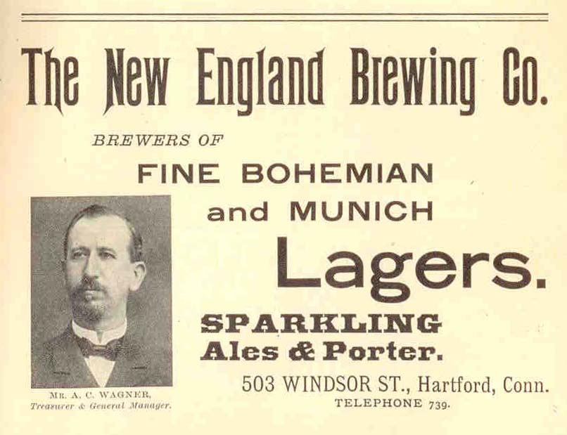 An ad for New England Brewing Co. (1907, Geers Directory). That's an image of A.C. Wagner, architect of our 13 Cataract building. [IMAGE THANKS TO: Joel Helfrich, Adjunct Assist. Prof. of History, MCC]