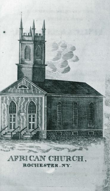 The first African Methodist Episcopal Zion Church at Spring and Favor Streets. [PHOTO: Taken from a 19th century engraving, Rochester Public Library]