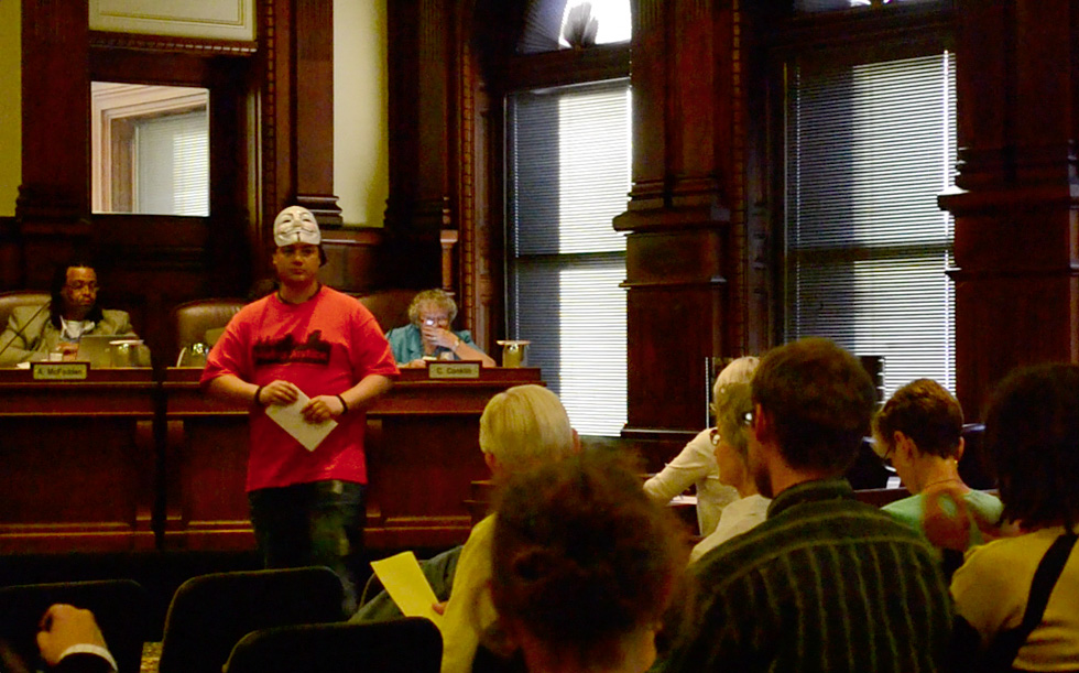 Richard Yaniak spoke to City Council last night while wearing an 'anonymous' mask. He spoke about the Rochester Police Department and officers' handling of demonstrators during a July 21 Occupy Rochester march.