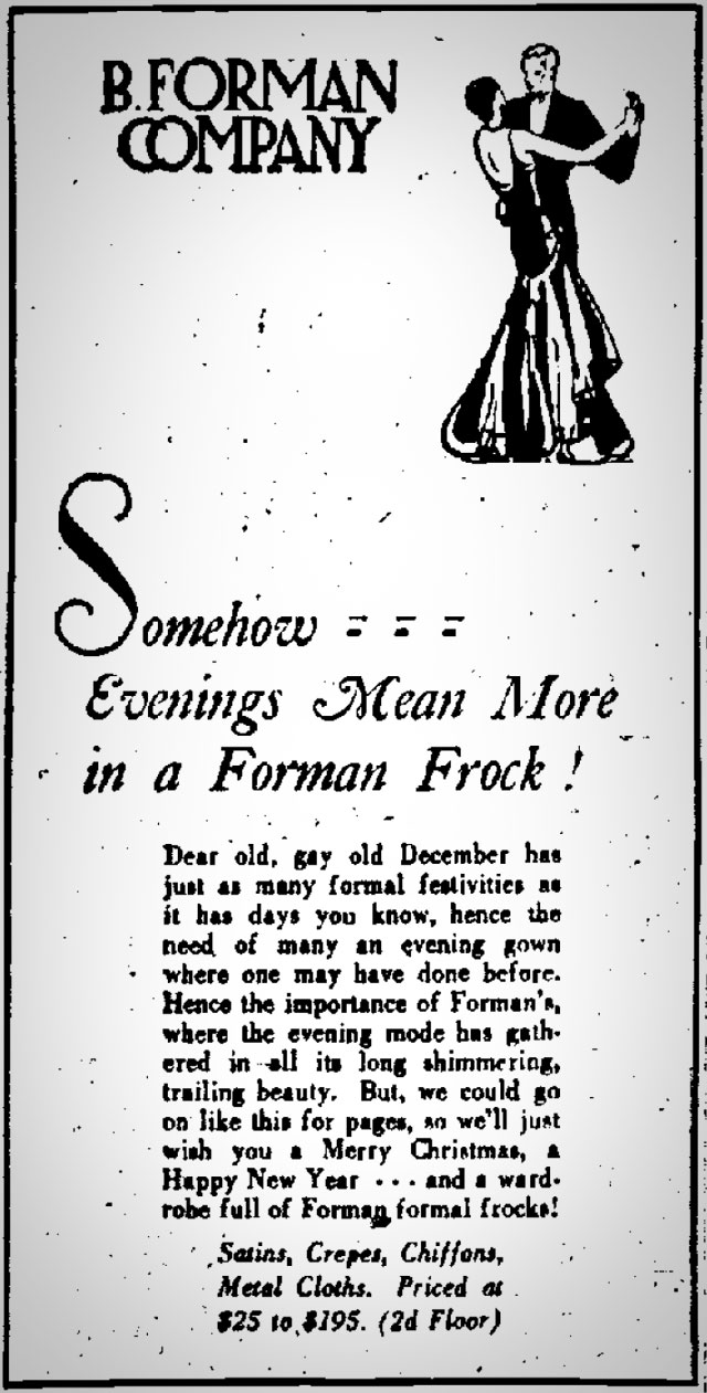B. Forman Co. advertisment in the Democrat and Chronicle, December 18, 1929. [SOURCE: FultonHistory.com]