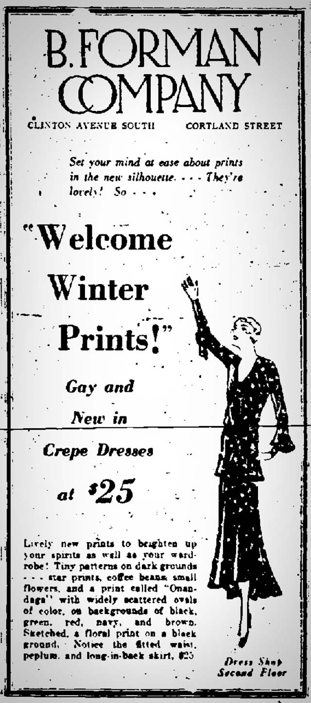 B. Forman Co. advertisment in the Democrat and Chronicle, December 20, 1929. [SOURCE: FultonHistory.com]