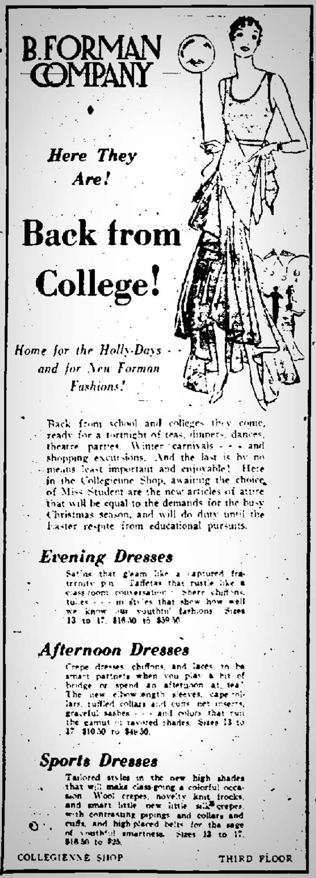 B. Forman Co. advertisment in the Democrat and Chronicle, December 22, 1929. [SOURCE: FultonHistory.com]
