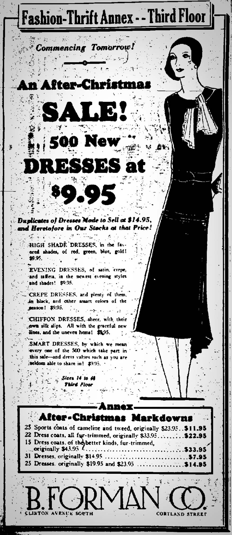 B. Forman Co. advertisment in the Democrat and Chronicle, December 25, 1929. [SOURCE: FultonHistory.com]