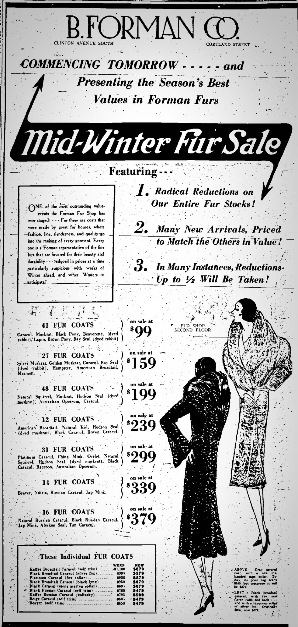 B. Forman Co. advertisment in the Democrat and Chronicle, December 25, 1929. [SOURCE: FultonHistory.com]