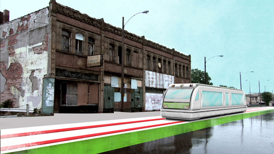 Using CGI animation combined with current footage of Detroit, the film brings the vision of the city's possible transportation future to life. A network of trains within the city center would run along main thoroughfares. (Photo Credit: Lloyd Handwerker and HUSH Studios, Inc.)
