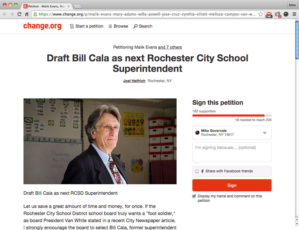 A petition asking for Bill Cala to be drafted as the next RCSD Superintendent has been started at Change.org.