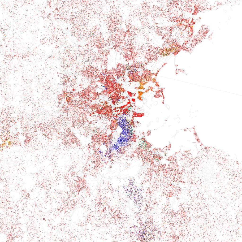 Map of racial and ethnic divisions in Boston, created by Eric Fischer using 2010 Census data.