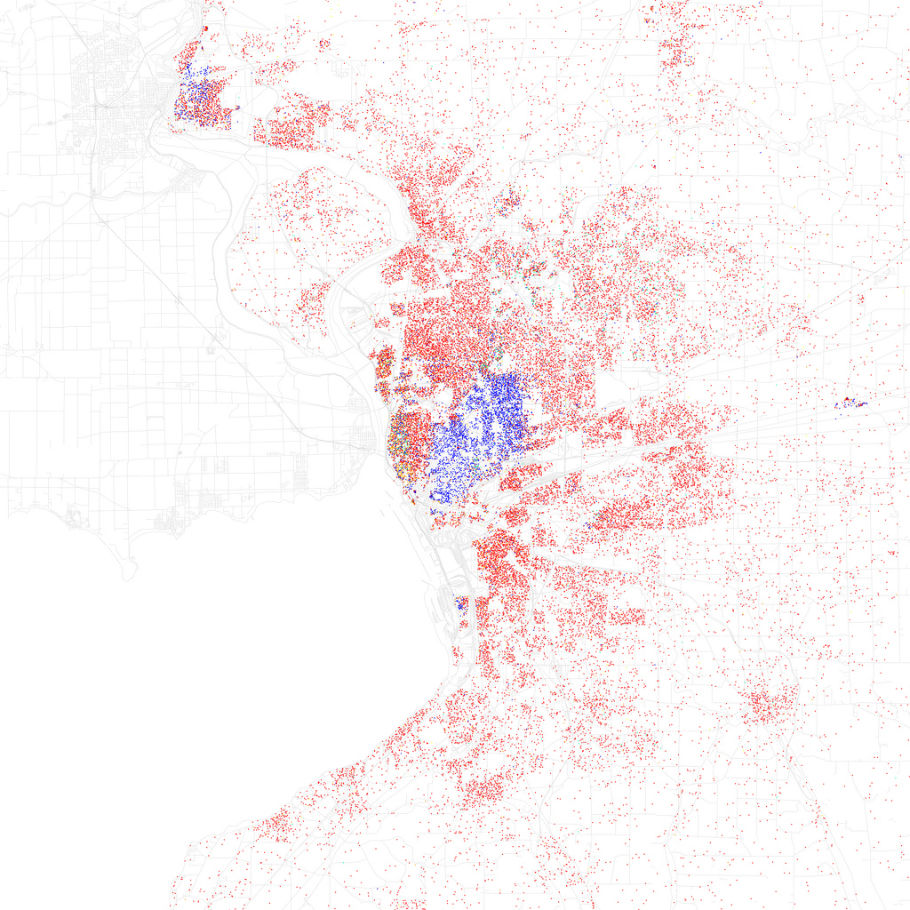 Map of racial and ethnic divisions in Buffalo, created by Eric Fischer using 2010 Census data.