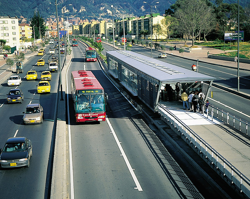 Bus Rapid Transit (BRT) in Bogota, Colombia - notice the separate lanes and enclosed shelters. A fixed guideway BRT system may one day serve Rochester.