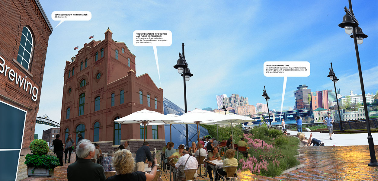 Imagine yourself and a few friends enjoying magnificant views, great conversation and cool Genesee brews in Rochester's Historic Brewery Square. [RENDERING: RochesterSubway.com]