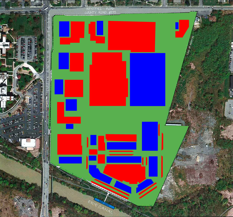 I've colored all the new development in Blue, and the new parking in Red. Pay attention and watch what I'm about to do...