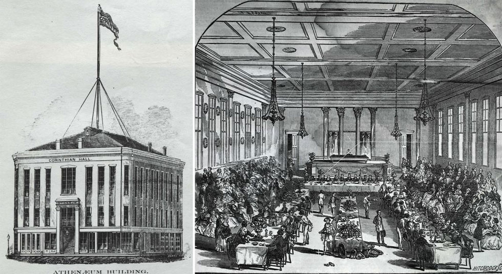 Corinthian Hall, on Exchange Place (later Corinthian Street) behind the Reynolds Arcade on Main Street. It was to be called the Athenaeum Building, but was renamed Corinthian Hall because of the columns in its interior. The second floor housed the library of the Mechanics (literary) Association. Designed by architect Henry Searle, it was built for William Reynolds in 1849. It became one of Rochester's most prestigous sites for concerts, balls, lectures, fairs, plays and parties. It was remodeled in 1879 and was then often called the Academy of Music. It was ravaged by fire in 1898 but managed to reopen in 1904 as the Corinthian Theater. It closed in 1928 and was razed a year later to make room for a parking area.