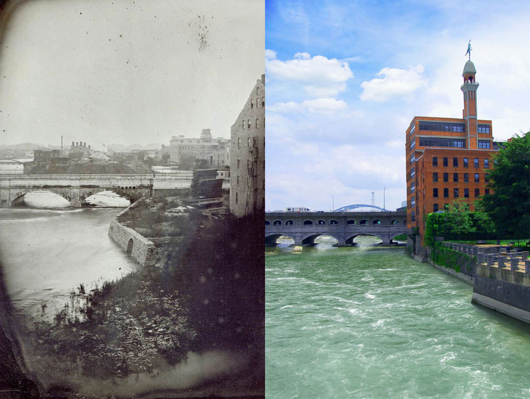 George Eastman's First Photo - taken in Rochester, NY (looking south) of the Erie Canal Aqueduct (now the Broad St. Bridge) over the Genesee River.