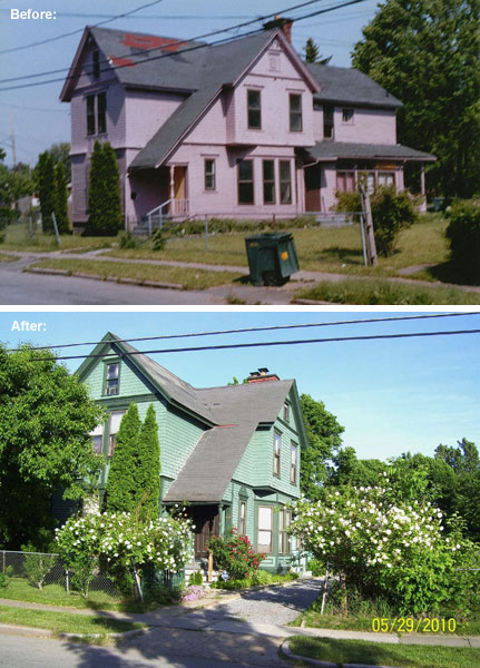 A before and after of Jim and Jo's handy work on Evergreen Street on Rochester's north side. Amazing!