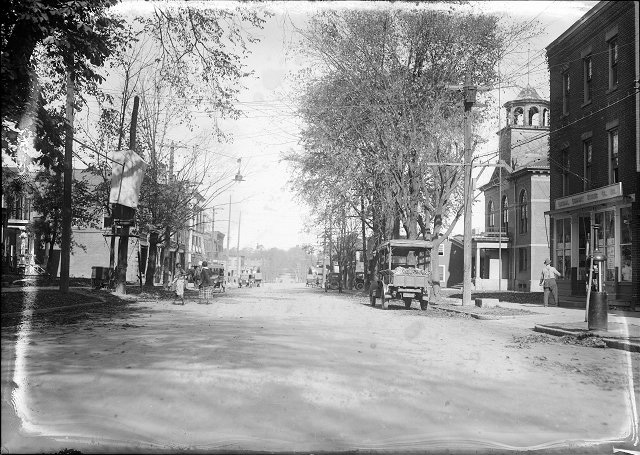 Main Street in Fairport, between the Clark Building and the Town Hall, where 'Rochester colored youth' James Noey was killed during the so-called 'Fairport Riot'. [PHOTO: Rochester Herald, October 24, 1920]