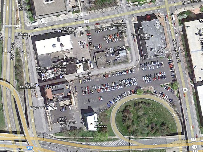 The trick will be blending new construction with old to create a new, walkable theater district. [IMAGE: Google Maps]