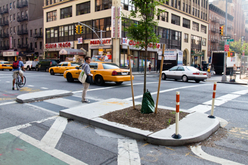 Pedestrian refuges would be built at each intersection, reducing crossing distances significantly for pedestrians in the area.