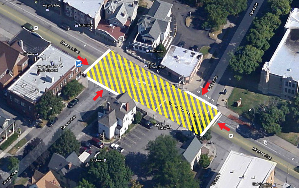 Many dangerous crossings happen here, and a marked crossing here would help.  Possibly even adjusting the traffic light at Oxford, so that eastbound traffic stops at Sumner Park and westbound traffic stops at Oxford. [IMAGE: Google Maps]
