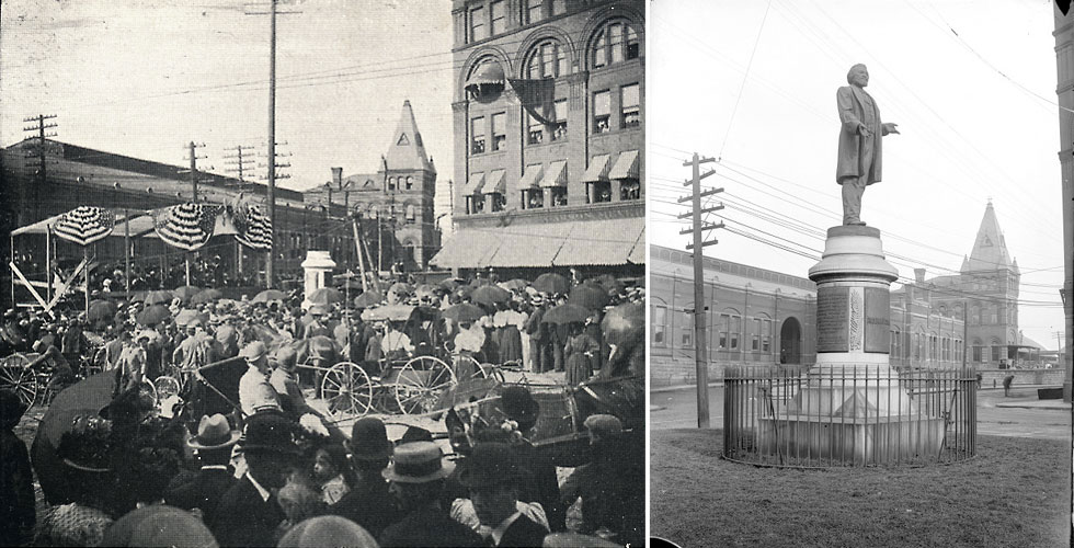 LEFT: A view showing the laying of the cornerstone of the monument to Frederick Douglass in Rochester. The ceremony took place on July 20, 1898 and was attended by hundreds of citizens. [IMAGE: Rochester Public Library] ... RIGHT: The Frederick Douglass monument, made by Sidney W. Edwards, was first unveiled in 1899, facing south, at Central Avenue and St. Paul Street. The New York Central Railroad Station is in the background. It was later moved to Highland Park and rededicated, September 4, 1941. It now faces north. [IMAGE: Albert R. Stone Collection]