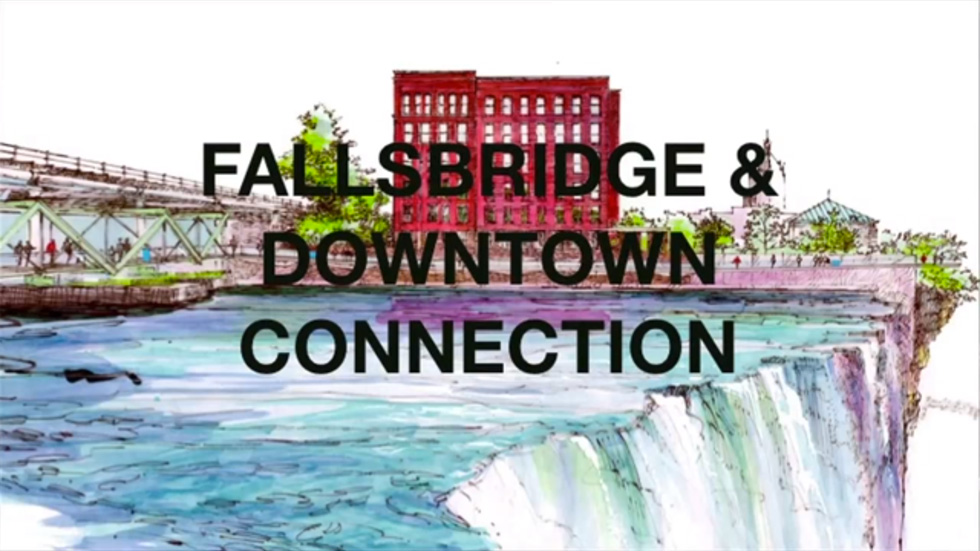 Phase 2: A new pedestrian bridge over the falls with a connection between High Falls and downtown by going under the rail tracks and under the inner loop. [IMAGE: Friends of the GardenAerial]