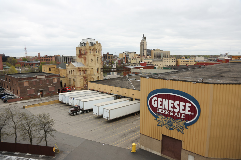 Doomed Brewery buildings as seen from Cataract Street from Saint Paul Street. The High Falls Historic District and Kodak Tower are in the background. [PHOTO: Crystal Pix, Inc.]