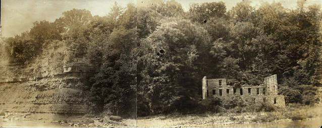 The ruins of the Glen House on the banks of the Genesee River, destroyed by fire May 4, 1894. Two photographs have been taped together to give a panoramic view.  [PHOTO: Rochester Public Library]