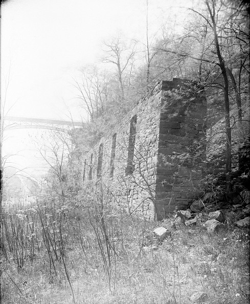 A stone wall with window openings, surrounded by brushy woods - the ruins of the old Glen House, near the Driving Park Bridge. [PHOTO: Albert R. Stone]