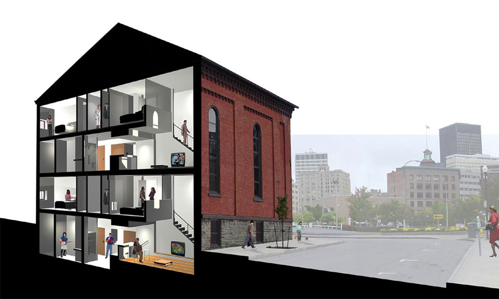 The Halo Lofts at Grove Place. Adaptive reuse of an old church in Rochester. [RENDERING: CJS Architects]
