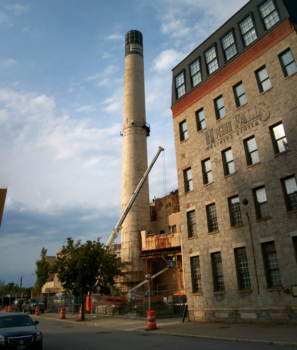 The end is near for the iconic High Falls smoke stack. [PHOTO: RochesterSubway.com]
