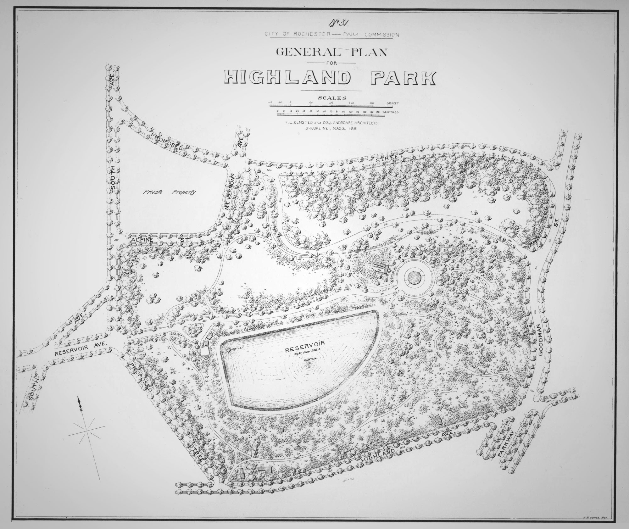 Original plan drawing of Highland Park by Frederick Law Olmsted & Co.