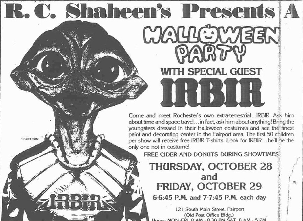 Rochester, New York's alien mascot, IRBIR, as pictured in the Oct. 27, 1982, issue of the now-defunct Fairport (N.Y.) Herald-Mail newspaper. IRBIR is an acronym for Rochester's tourism slogan of the period, 'I'd Rather Be In Rochester.' [IMAGE: Deepthirteen, Flickr]