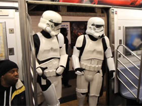Stormtroopers invade a NYC subway car.