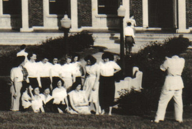 Patients posing for a group portrait in front of the Children's Building at Iola Tuberculosis Sanatorium (c.1946). [PHOTO COURTESY OF: Mark Hosier]