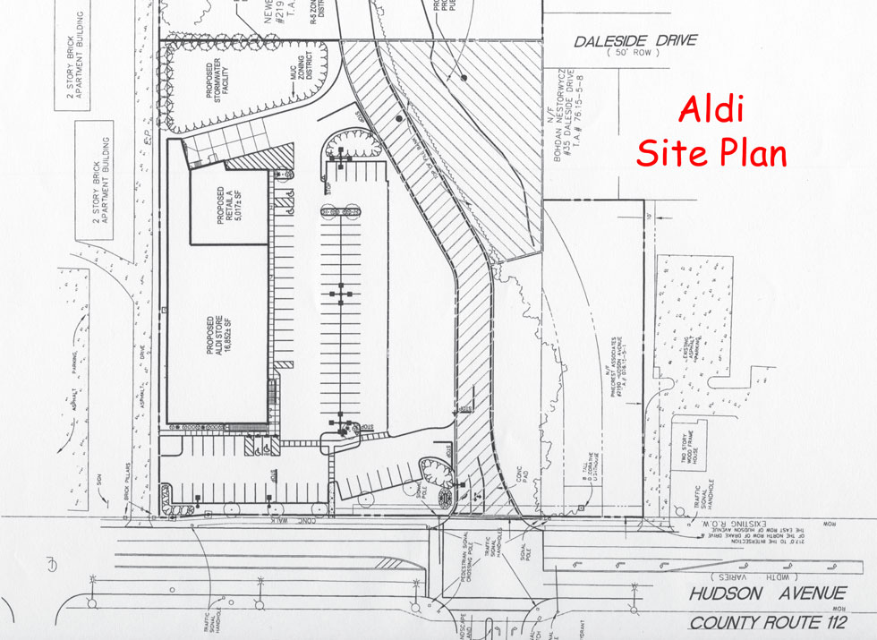 This plan for a new Aldi grocery store in Irondequoit is a good example of a suburban style development that can be made more pedestrian-friendly.