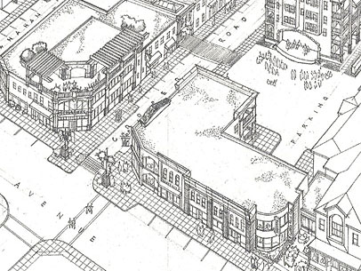 A perspective drawing of proposed 'Irondequoit Square' at Titus and Cooper.