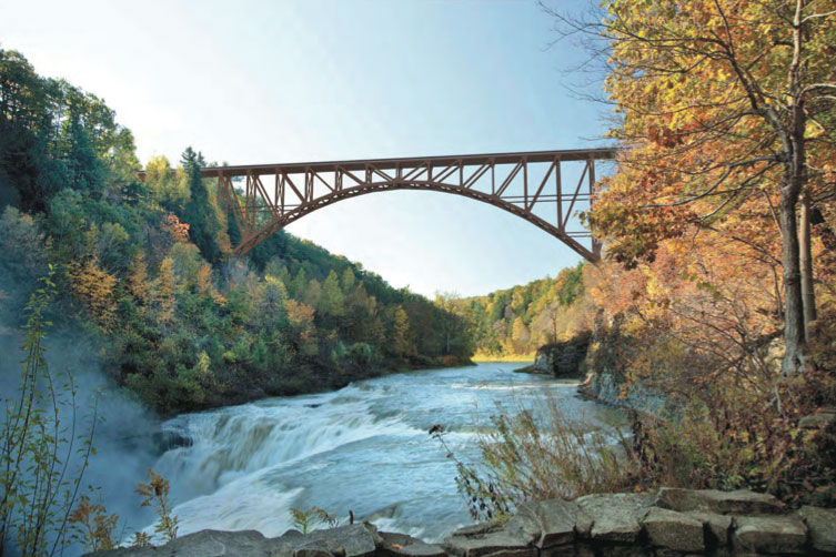 Proposed design for new Portageville Bridge (looking south from the Middle/Upper Falls Picnic Area). [RENDERING: Provided by NYSDOT]