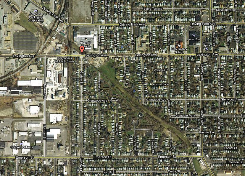 Jim Hall would often stay at his Grandmother's house where he and his siblings would watch the B&O trains roll past the front window. In this satellite photo the B&O Railroad line runs north/south, while the Rochester Subway ran northwest/southeast under the railroad tracks and Lexington Avenue. The right-of-way is still clearly visible.