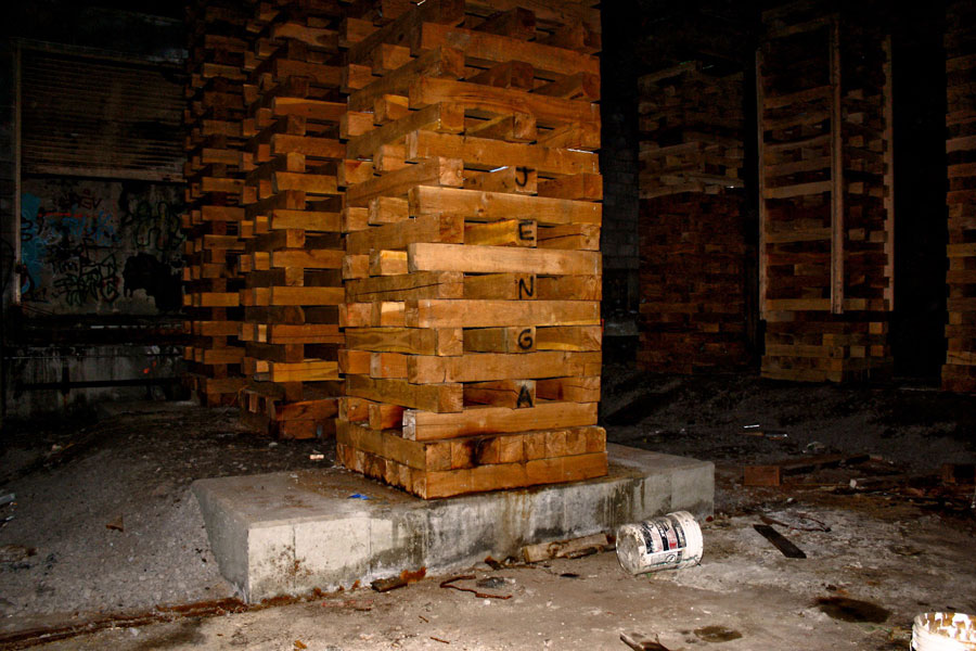 Rochester subway tunnel. Those 'Jenga' blocks are holding up Broad Street. Yikes. [PHOTO: Lizz Comstock]