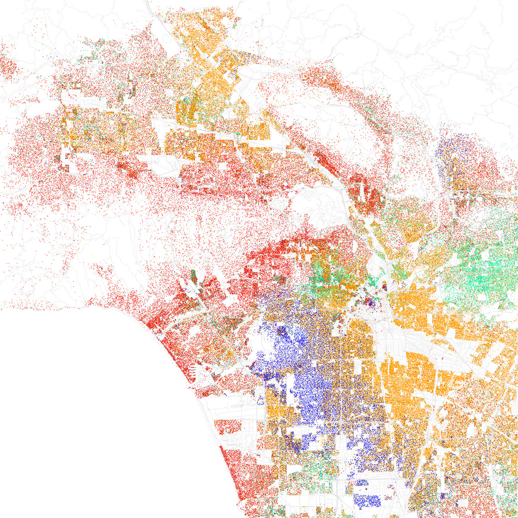 Map of racial and ethnic divisions in Los Angeles, created by Eric Fischer using 2010 Census data.