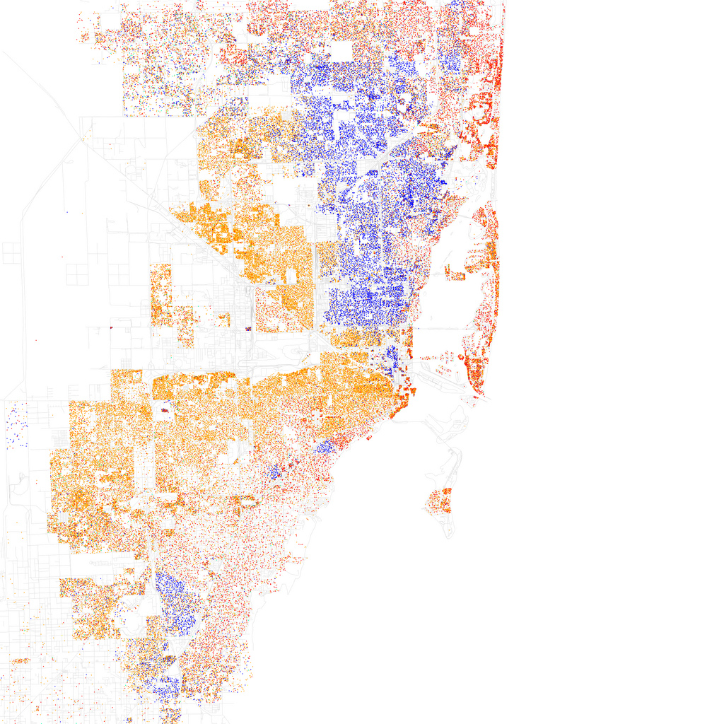 Map of racial and ethnic divisions in US cities, created by Eric Fischer using 2010 Census data.