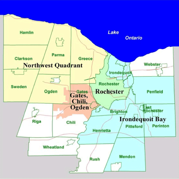 The sewer system operated by Monroe County is spread over four sewer districts seen on the map at left: Northwest (yellow), Gates Chili Ogden (rust), Rochester (green), and Irondequoit Bay (blue). [IMAGE: Monroe County Environmental Services]