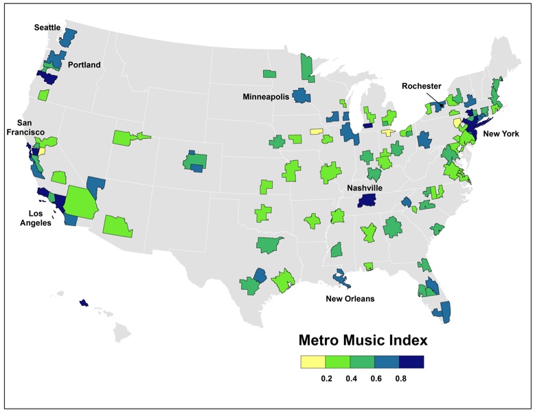 It probably surprised many people to see that Rochester ranked #9 on Atlantic Cities' list of most musical U.S. cities, immediately behind Las Vegas, Portland, and New Orleans. [IMAGE: The Atlantic Cities Blog]